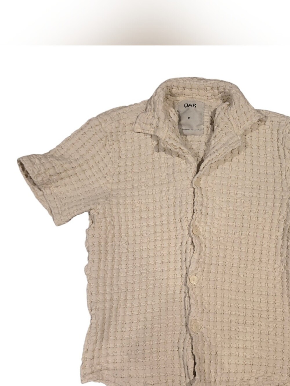 OAS Cuba Waffle Camp Knit Short Sleeve Ecru Button Down Shirt M - Picture 6 of 9